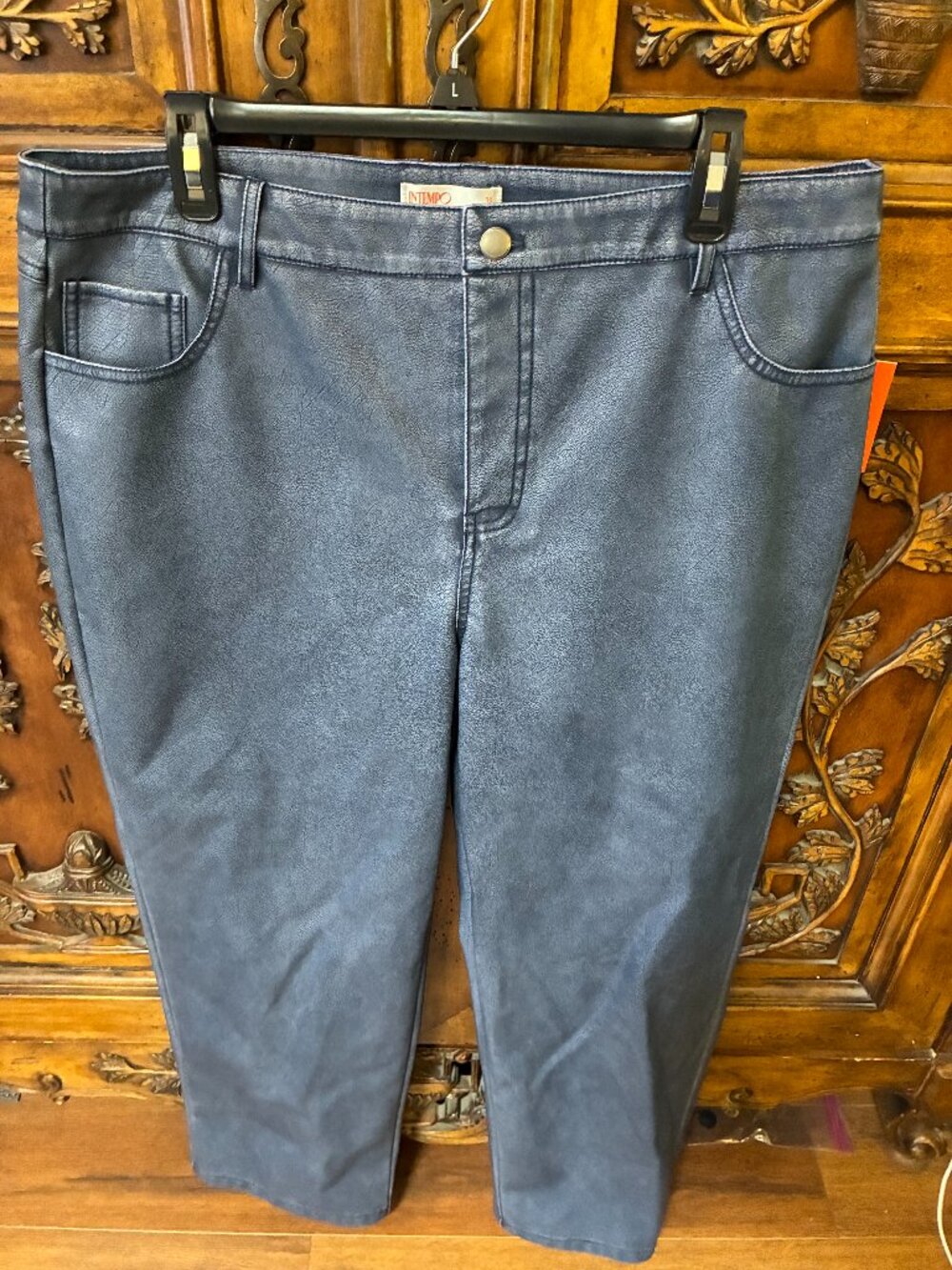 INTEMPO Women's Faux Leather Pants High Rise Blue Straight Leg Size 18 NEW Waxed